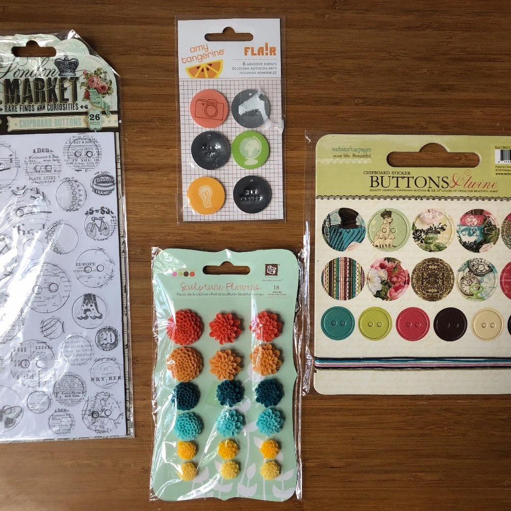 Sets of crafting/scrapbooking buttons + badges